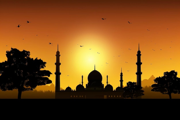 Silhouette d'une mosquée avec un coucher de soleil en arrière-plan