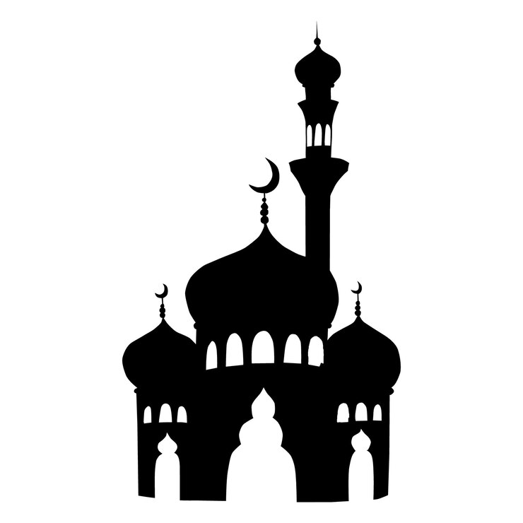 Photo silhouette d'une mosquée islamique et d'un minaret avec une illustration de croissant de lune isolée sur un fond blanc