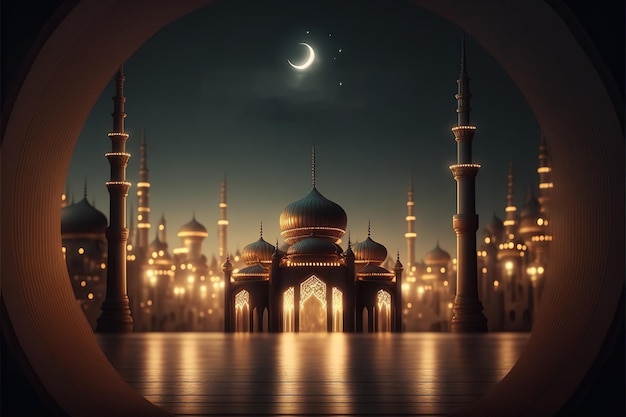 Silhouette de mosquée avec la lune AI générative