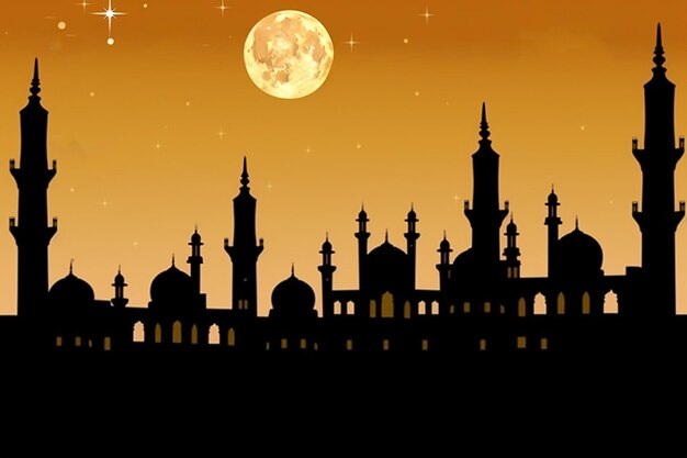 Une silhouette d'une mosquée avec la lune en arrière-plan