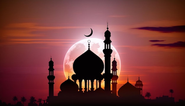 Une silhouette d'une mosquée avec une lune en arrière-plan