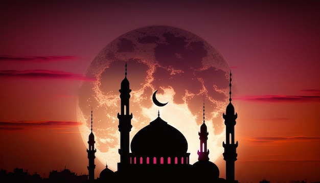 Une silhouette d'une mosquée avec la lune derrière elle.