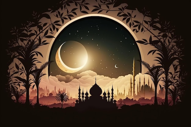 Une silhouette d'une mosquée et de la lune