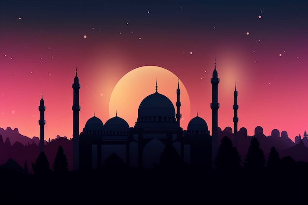 Une silhouette d'une mosquée avec une pleine lune en arrière-plan.