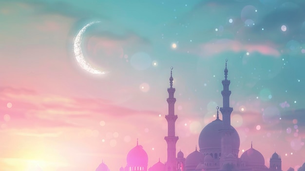 La silhouette de la mosquée Ramadan Kareem avec le croissant de lune sur un fond bokeh pastel