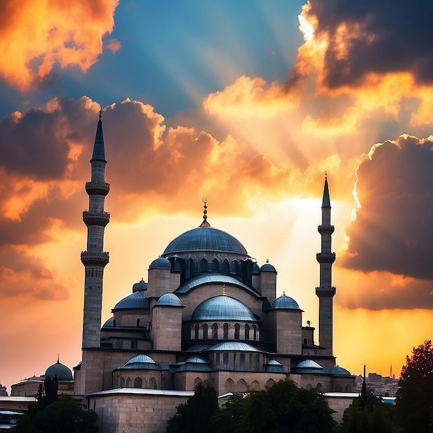 Silhouette de la mosquée Suleymaniye au coucher du soleil avec des nuages dramatiques Ramadan ou photo de concept islamique