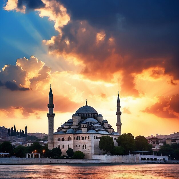 Silhouette de la mosquée Suleymaniye au coucher du soleil avec des nuages dramatiques Ramadan ou photo de concept islamique