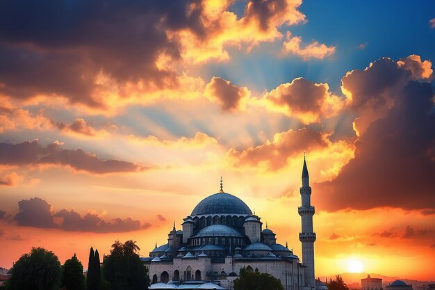 Silhouette de la mosquée Suleymaniye au coucher du soleil avec des nuages dramatiques Ramadan ou photo de concept islamique