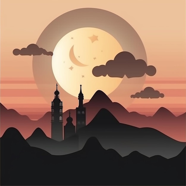Silhouette de mosquée en vue coucher de soleil avec nuages et montagne 2