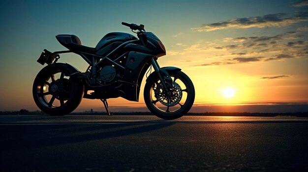 Photo silhouette de moto sur un ciel au coucher du soleil sur une route ouverte transmettant un sentiment de liberté et d'aventure