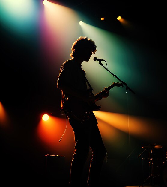 Silhouette de musicien masculin jouant de la guitare électrique en concert sur scène illustration générative ai