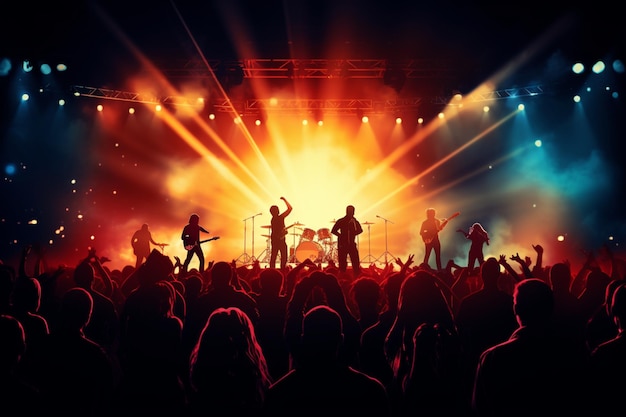 silhouette de musiciens de groupe sur scène lors d'un concert