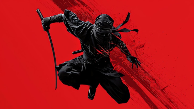 Photo silhouette d'un ninja sautant avec un katana sur un fond rouge