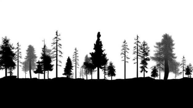 Une silhouette en noir et blanc d'une forêt avec des arbres ai générative