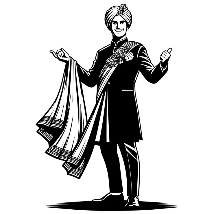 Silhouette en noir et blanc d'un homme indien dans une posture heureuse positive et tenant les pouces en l'air