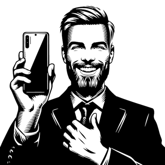 Silhouette en noir et blanc d'un homme indien avec un smartphone et les pouces en l'air