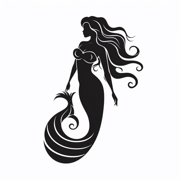 Photo une silhouette noire et blanche d'une sirène aux cheveux longs
