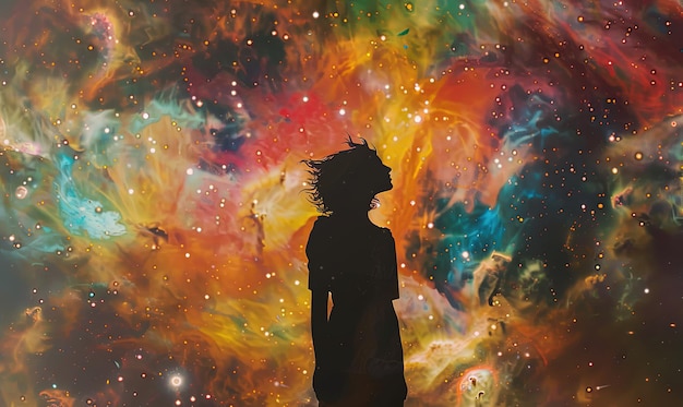 Une silhouette noire du visage d'une fille sur un fond de lumières brillantes multicolores