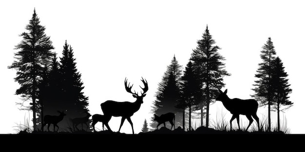 Silhouette noire de la famille des cerfs avec bébé et forêt