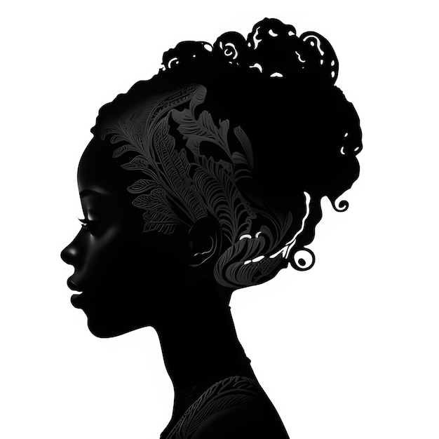 Une silhouette noire d'une femme aux cheveux bouclés et une fleur sur ses cheveux.