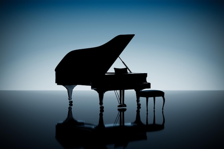 Photo silhouette noire d'un grand piano avec son couvercle ouvert et un tabouret rendering 3d