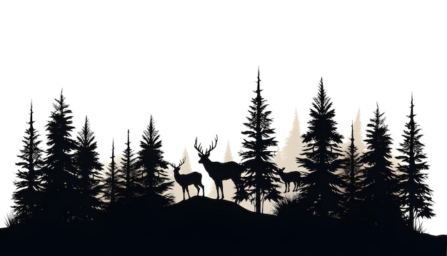 Silhouette noire de sapins épinettes et de cerfs sauvages paysage panorama illustration vecteur icône pour
