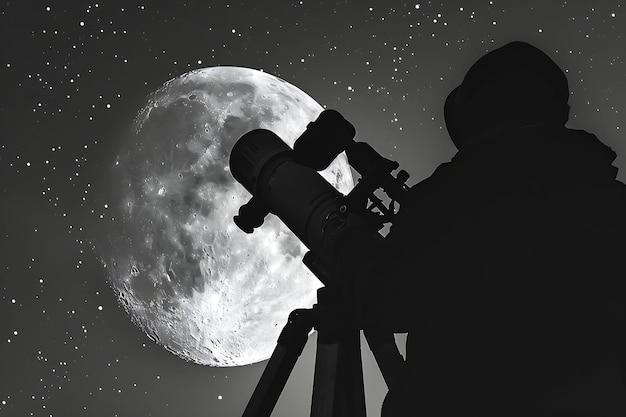 Une silhouette observant la Lune à travers un télescope