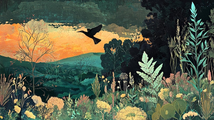 Photo la silhouette d'un oiseau survole un paysage vivement illustré au coucher du soleil avec diverses plantes et arbres.