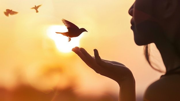 Silhouette d'un oiseau volant hors de la main d'une fille enfant sur un beau fond concept de liberté Journée internationale des femmes travailleuses