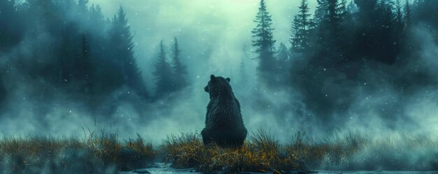 Silhouette d'ours mystique au milieu de la forêt enchantée Fo