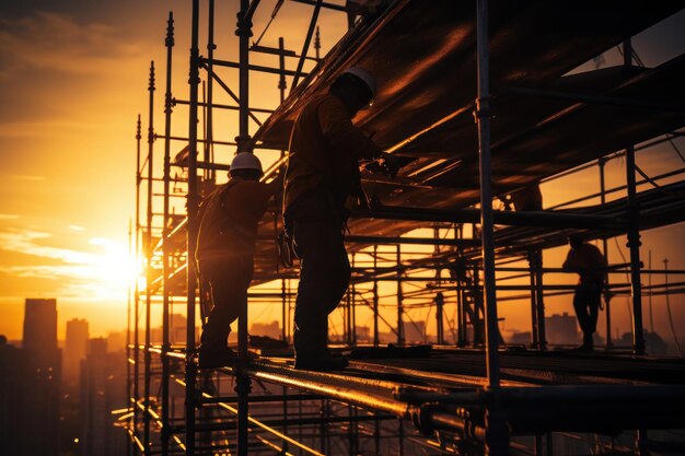 Silhouette d'un ouvrier de la construction sur un chantier d'échafaudage IA générative