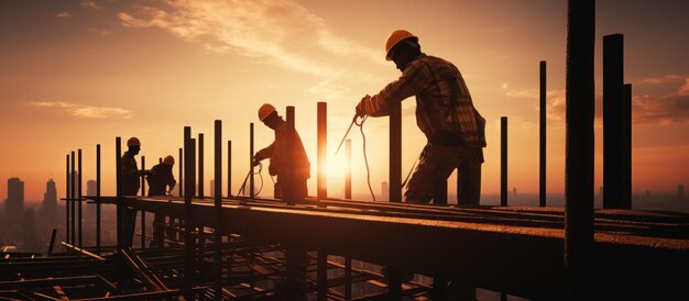 Silhouette d'un ouvrier en construction sur une image générée par l'IA au coucher du soleil