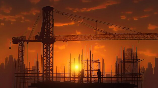 silhouette d'un ouvrier du bâtiment travaillant sur un chantier de construction et d'une grue à tour au coucher du soleil