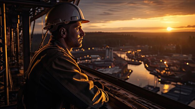 silhouette d'un ouvrier du bâtiment travaillant sur un chantier de construction et d'une grue à tour au coucher du soleil