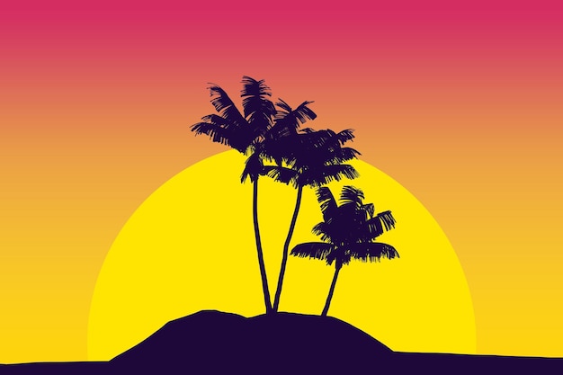 Photo silhouette de palmier tropical contre le rendu 3d du ciel coucher de soleil