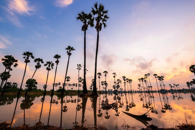 Photo silhouette de palmiers près du lac contre le ciel au coucher du soleil