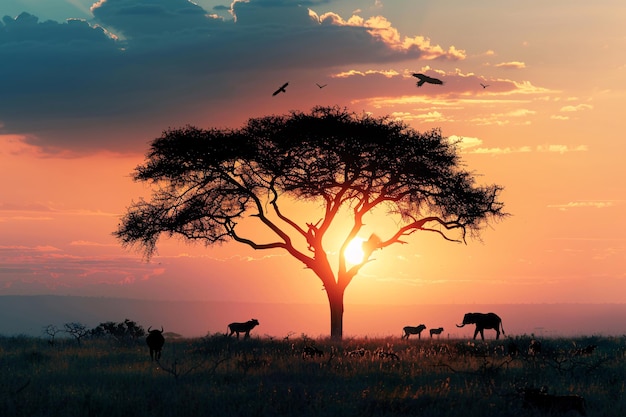 Silhouette panoramique d'un arbre en Afrique avec des animaux