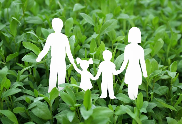 Photo silhouette de papier de la famille et de l'herbe verte sur le concept d'assurance de fond