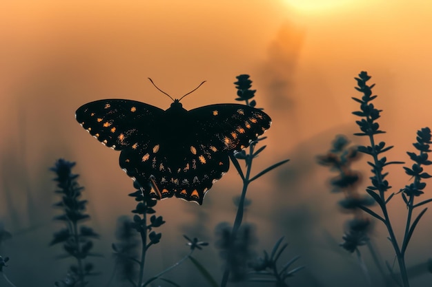 La silhouette d'un papillon sur des fleurs sauvages au crépuscule