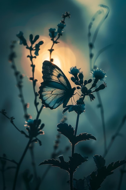 La silhouette d'un papillon sur des fleurs sauvages au lever du soleil