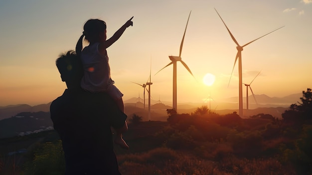 Silhouette d'un parent et d'un enfant contre le coucher de soleil avec des éoliennes Famille profitant d'un paysage d'énergie renouvelable Image environnementale émotionnelle AI