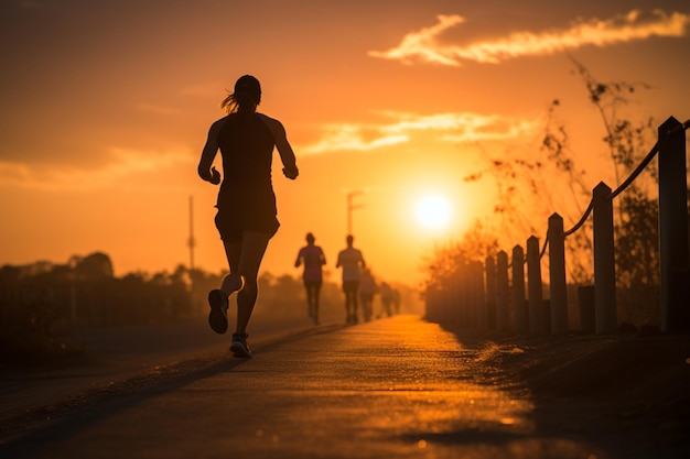 Silhouette de passionnés de course à pied sur fond de lever de soleil radieux