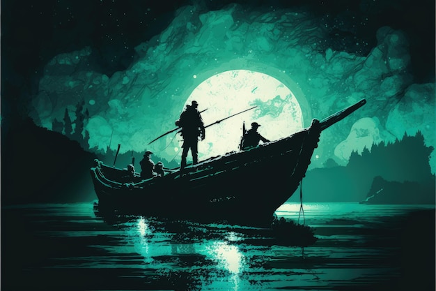 Silhouette de pêcheurs avec canne à pêche sur navire et vaste lune en arrière-plan Concept fantastique Peinture d'illustration AI générative