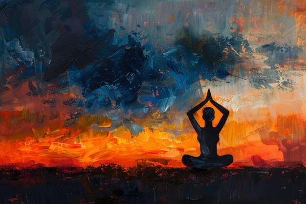 Une silhouette peinte à l'huile de quelqu'un faisant du yoga sur le fond d'un ciel abstrait au coucher du soleil