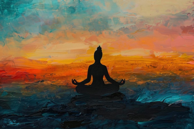 Une silhouette peinte à l'huile de quelqu'un faisant du yoga sur le fond d'un ciel abstrait au coucher du soleil