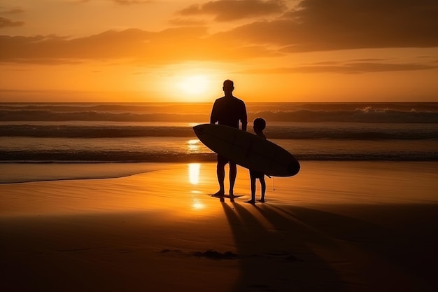 Silhouette de père et fils surfeurs un coucher de soleil illustration générative ai