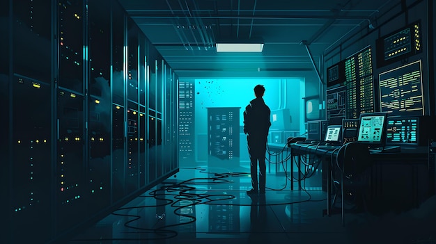 Silhouette d'une personne dans un centre de données futuriste concept de cybersécurité et de technologie atmosphère mystérieuse dans une salle de serveur éclairage humeurné avec des tons bleus IA