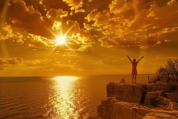 Photo une silhouette d'une personne debout sur le bord d'une falaise surplombant un vaste océan avec les bras levés.