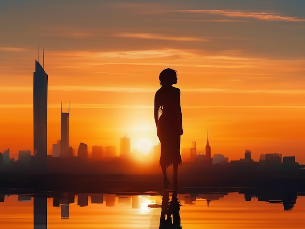 Silhouette d'une personne debout dans un paysage urbain tranquille au coucher du soleil