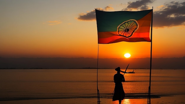 Une silhouette d'une personne debout devant un magnifique coucher de soleil